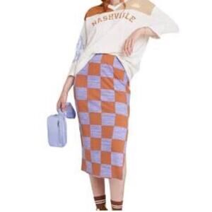 Ascot and Hart Purple and brown checkered Midi Pencil Skirt with Slit 3X